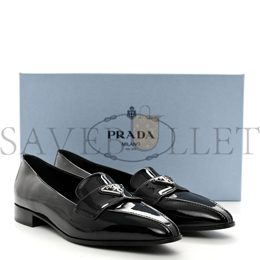 PRADA VERNICE METAL TRIANGLE LOGO POINTED TOE 25MM LOAFERS 37.5 BLACK