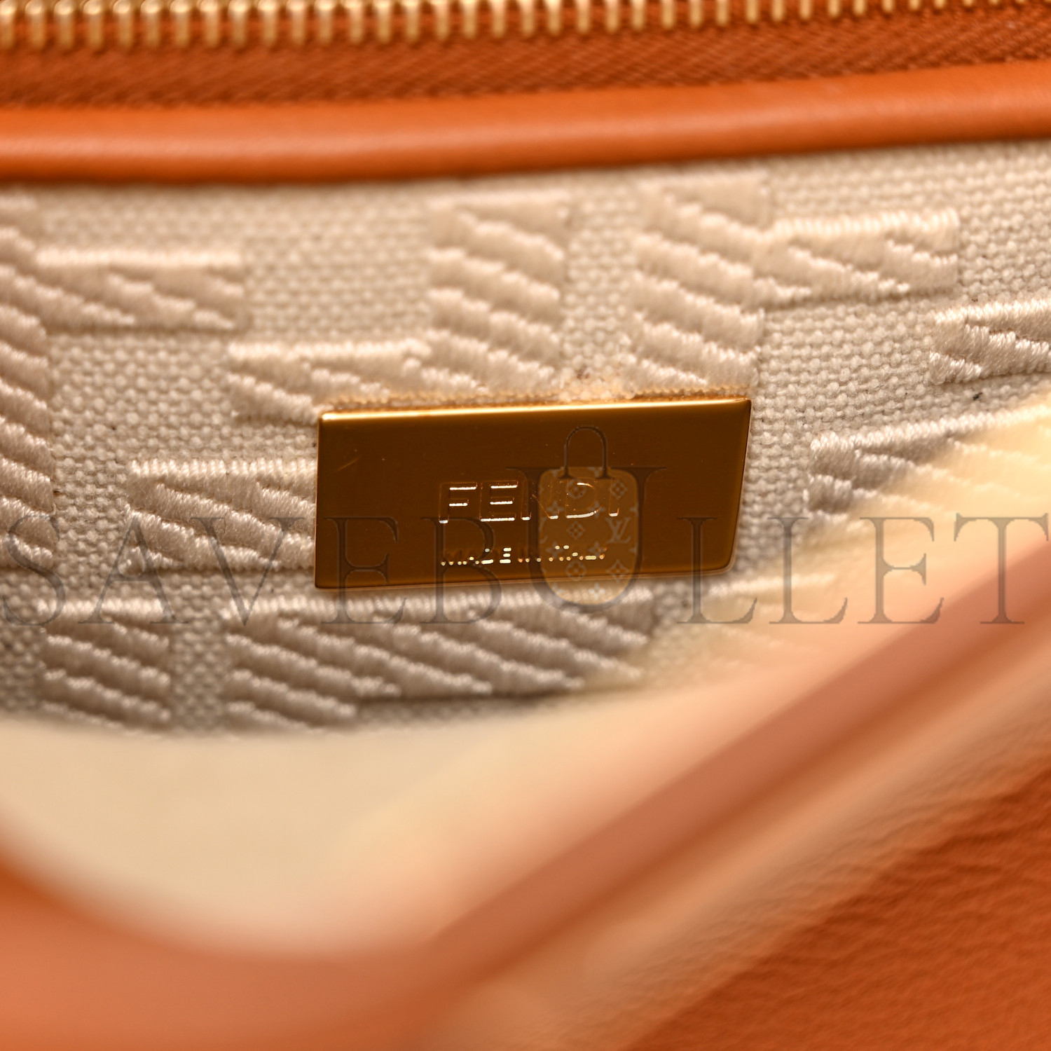 FENDI VITELLO SETA CANVAS FF EMBROIDERED MINI PEEKABOO ICONIC SATCHEL BRANDY GREZZO (23*18*11cm)