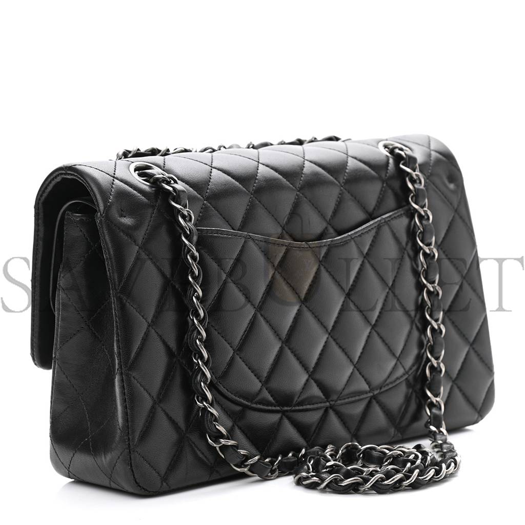 CHANEL LAMBSKIN QUILTED SMALL DOUBLE FLAP BLACK SILVER HARDWARE (25*15*6cm)