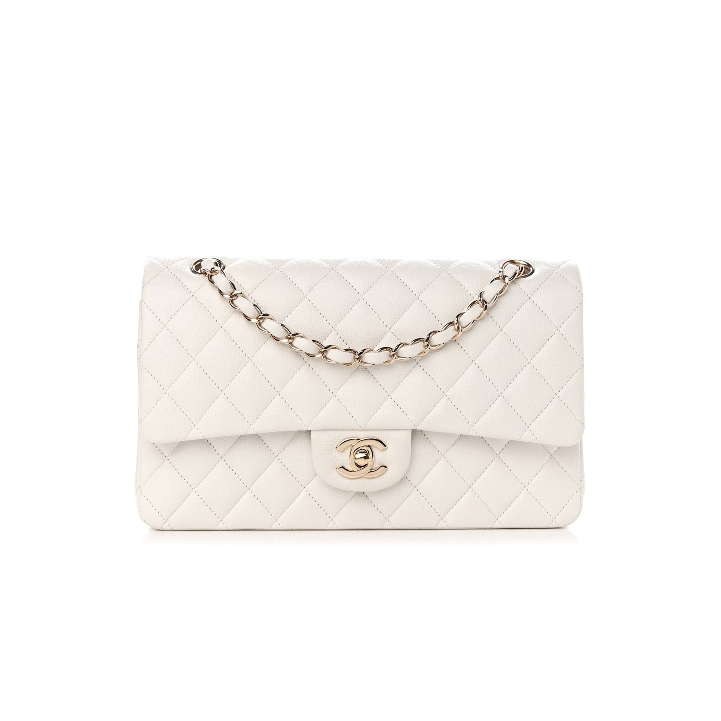 CHANEL CAVIAR QUILTED MEDIUM DOUBLE FLAP WHITE ROSE GOLD HARDWARE (25*15*6cm)