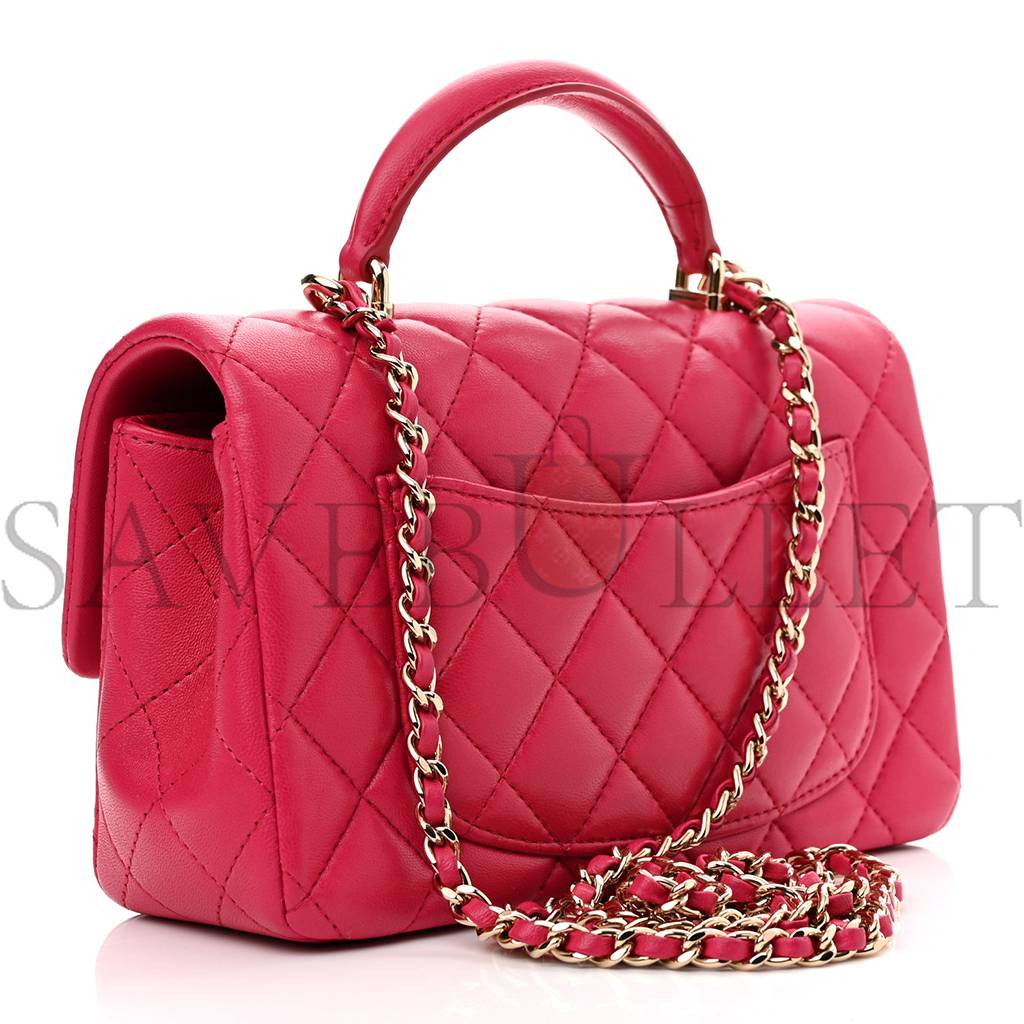 CHANEL LAMBSKIN QUILTED MINI TOP HANDLE RECTANGULAR FLAP DARK PINK ROSE GOLD HARDWARE (19*13*7cm)