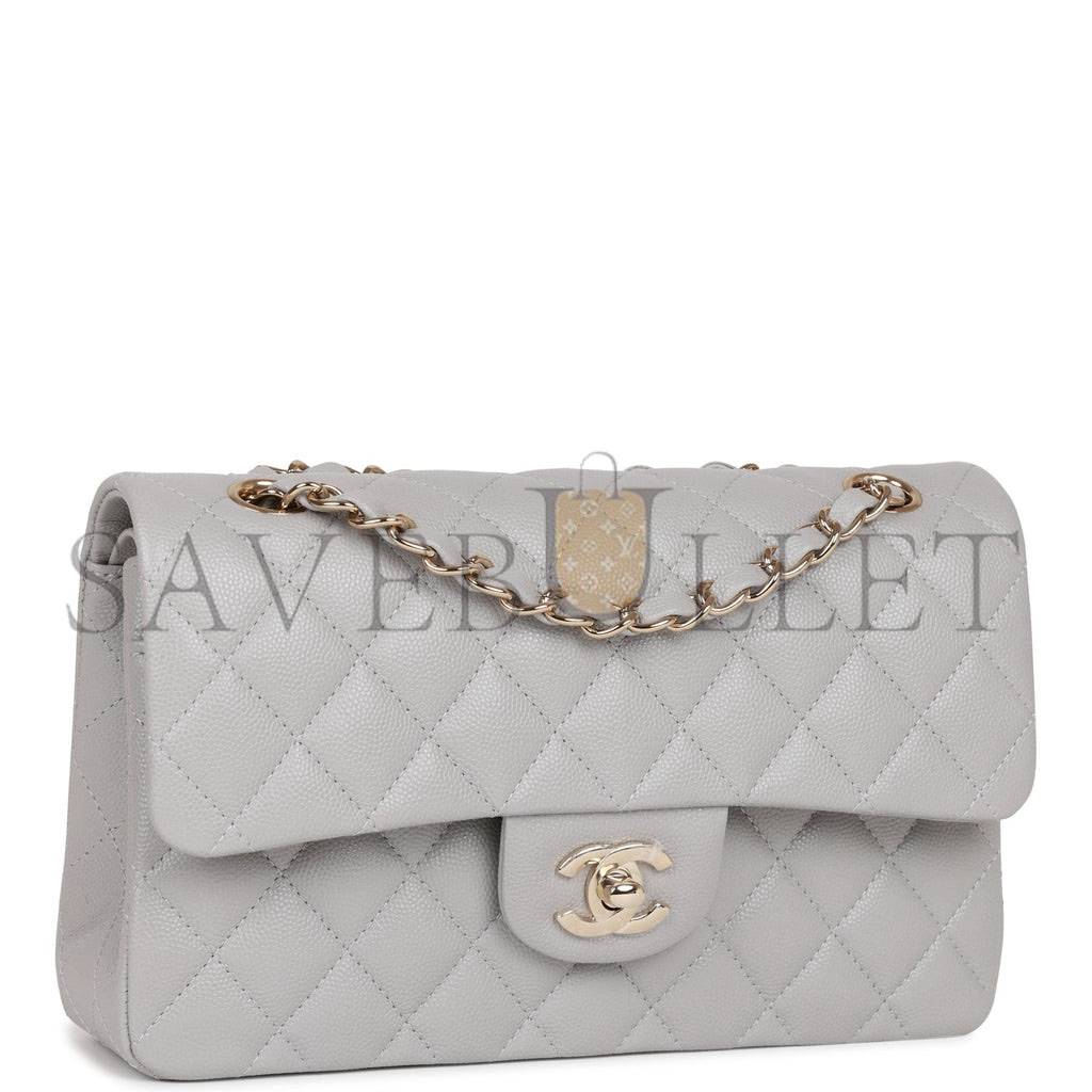 CHANEL SMALL CLASSIC DOUBLE FLAP GREY CAVIAR LIGHT GOLD HARDWARE (23*13*6cm)