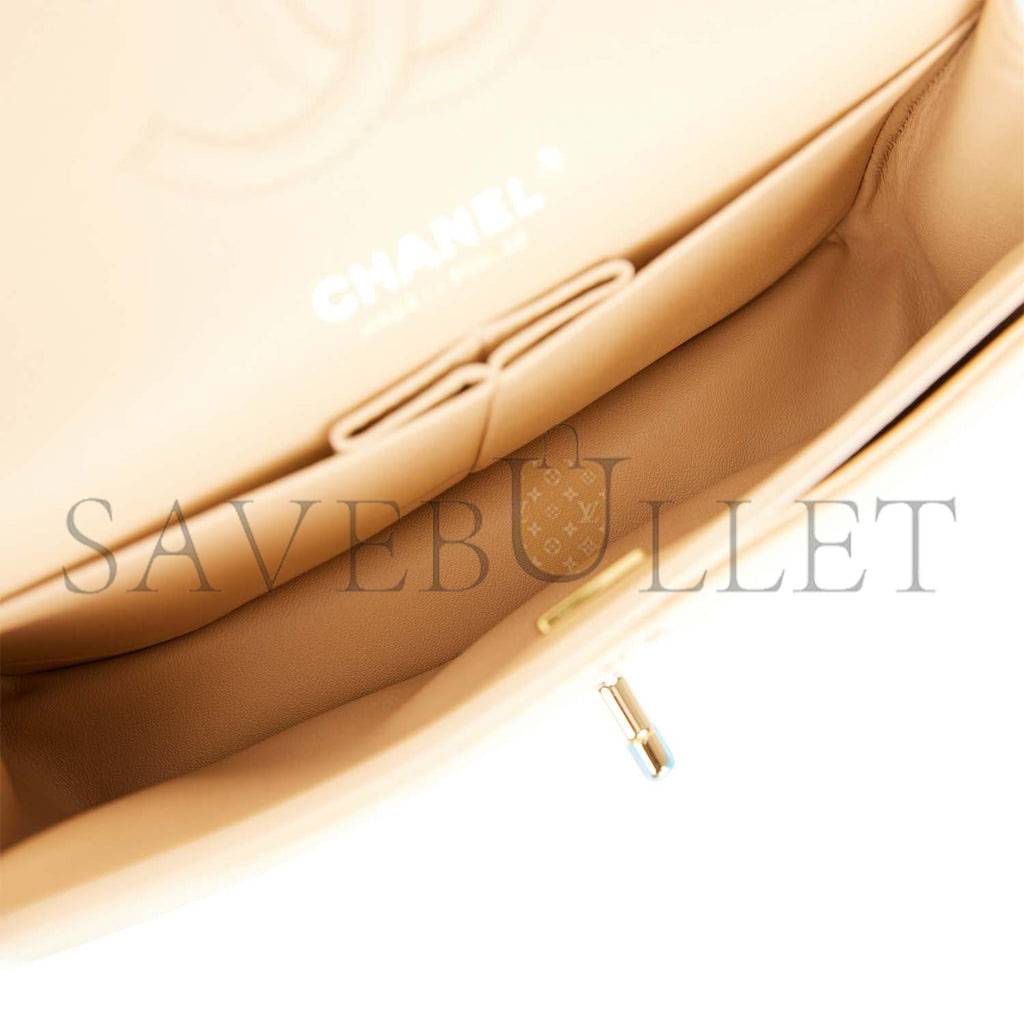 CHANEL SMALL CLASSIC DOUBLE FLAP BAG BEIGE CAVIAR GOLD HARDWARE (23*13*6cm)