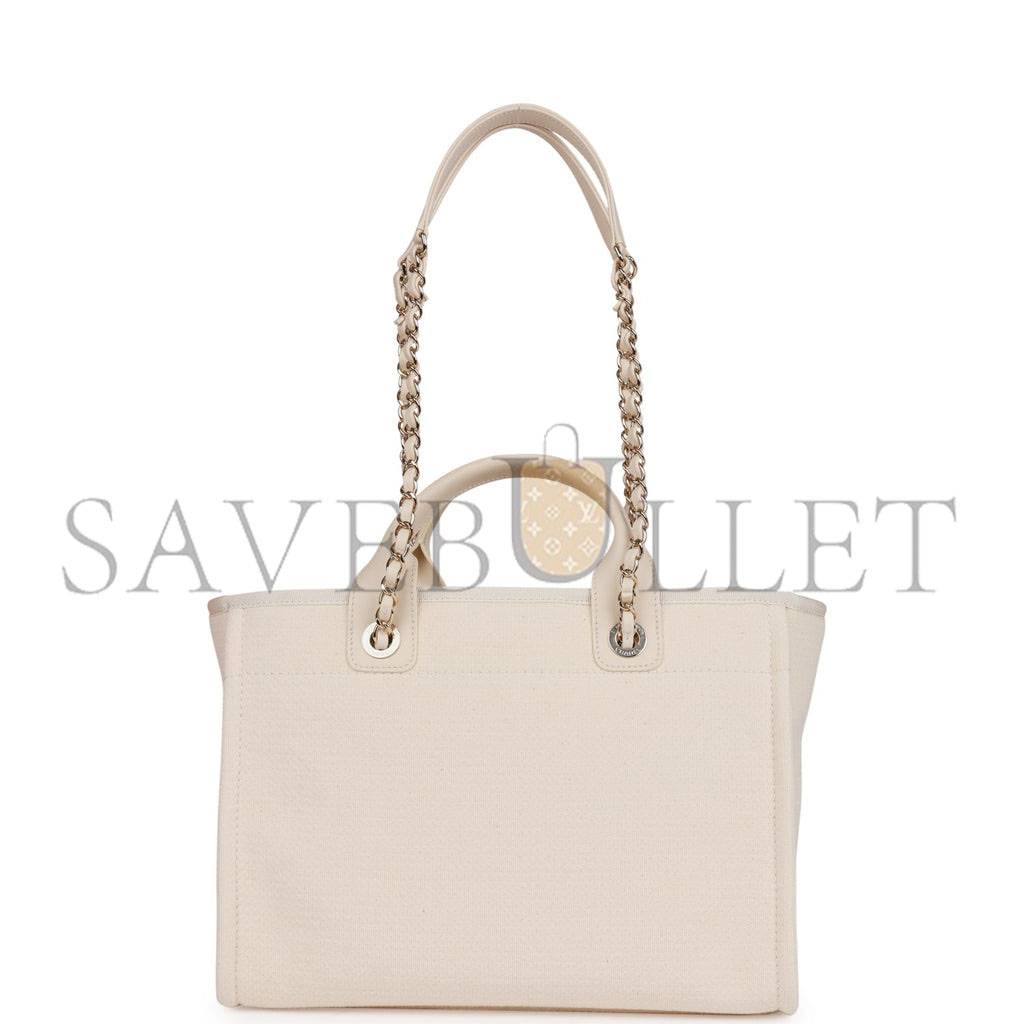 CHANEL SMALL DEAUVILLE SHOPPING BAG WHITE BOUCLE LIGHT GOLD HARDWARE (34*27*15cm)