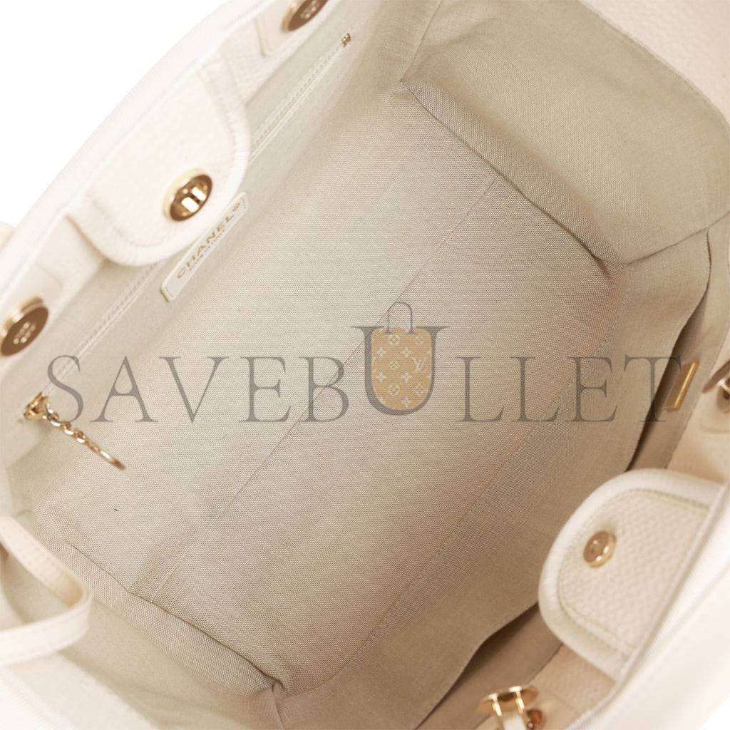 CHANEL SMALL DEAUVILLE SHOPPING BAG WHITE BOUCLE LIGHT GOLD HARDWARE (34*27*15cm)