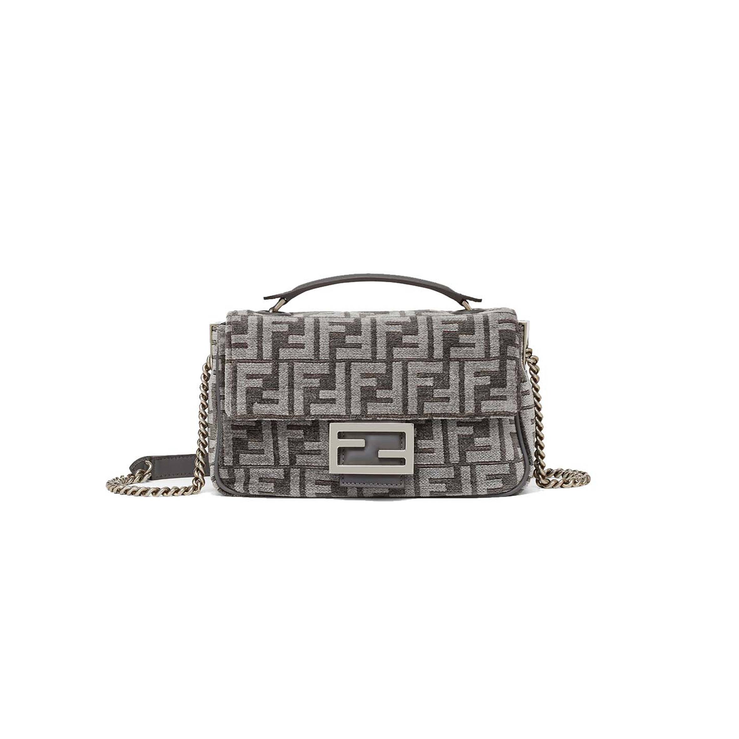 FENDI BAGUETTE CHAIN MIDI - DARK GRAY FF TAPESTRY FABRIC BAG 8BR793ALG7F1HZO (24*14.5*7cm)