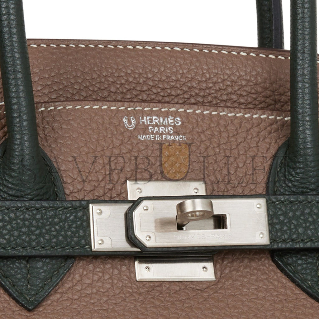 HERMES SPECIAL ORDER (HSS) BIRKIN 30 ETOUPE AND VERT FONCE TOGO BRUSHED PALLADIUM HARDWARE ( 30cm*22*16cm)