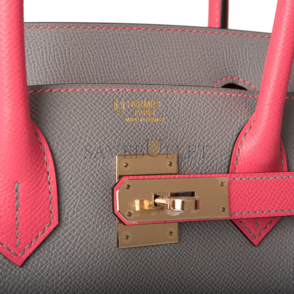 HERMES SPECIAL ORDER (HSS) BIRKIN 30 GRIS MOUETTE AND ROSE AZALEE EPSOM PERMABRASS HARDWARE( 30cm*22*16cm)