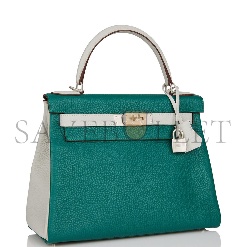 HERMES SPECIAL ORDER (HSS) KELLY RETOURNE 28 MALACHITE AND GRIS PERLE CLEMENCE BRUSHED PALLADIUM HARDWARE (28*22*10cm)